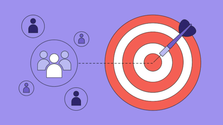 Audience icons linked to a bullseye target with a dart.