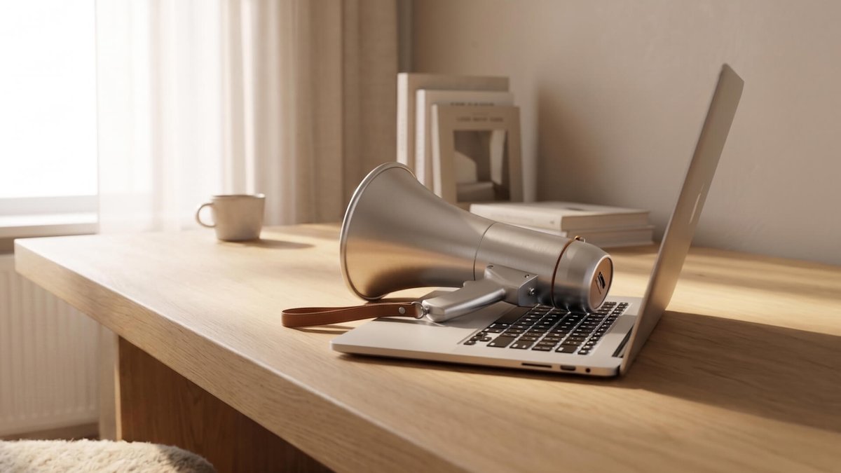 A silver megaphone rests on an open laptop on a wooden desk.