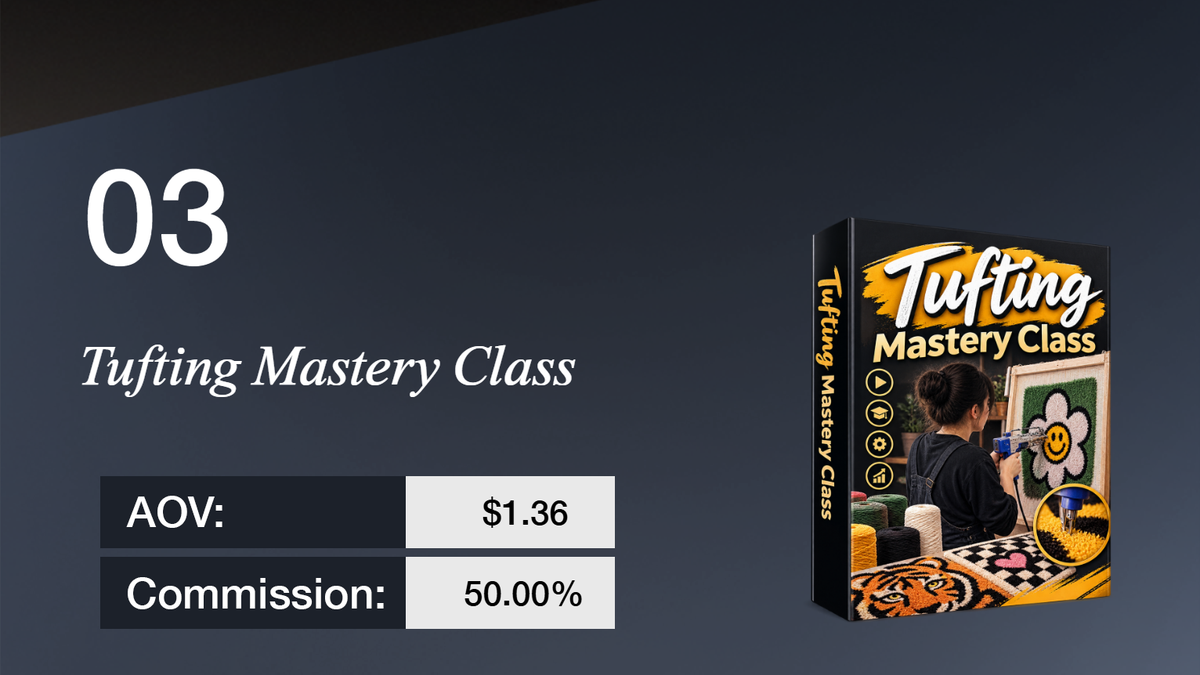 Item 03: "Tufting Mastery Class" with AOV $1.36 and 50% commission. Product box shows a person tufting a flower rug.