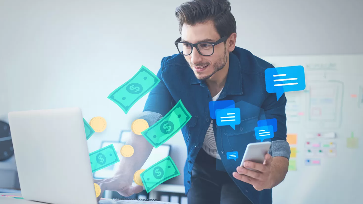 A man uses a laptop and smartphone, surrounded by floating money and chat bubble icons.
