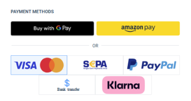 Payment methods: Google Pay, Amazon Pay, Visa, Mastercard, SEPA, PayPal, bank transfer and Klarna.