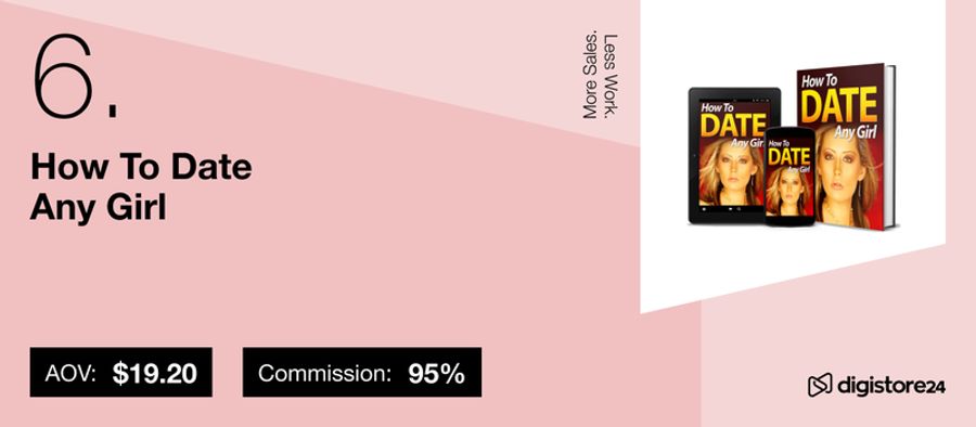 Number 6: "How To Date Any Girl" digital product covers, with an AOV of $19.20 and 95% commission.