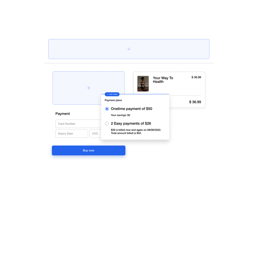 A payment form offering a one-time payment of $50 or two payments of $26, with credit card details fields and a "Buy now" button.