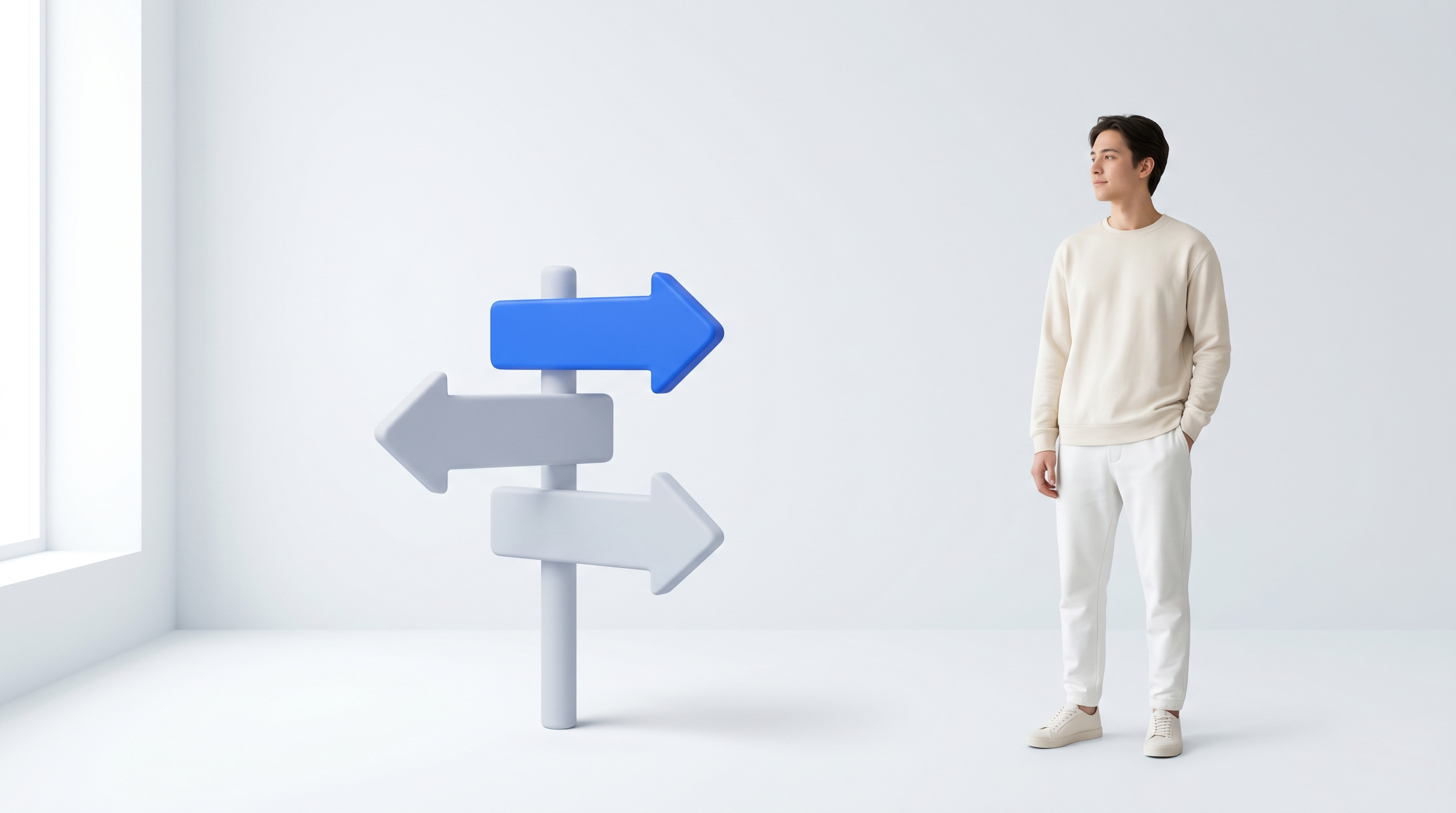Man looking at a signpost with one blue arrow pointing right and two grey arrows.