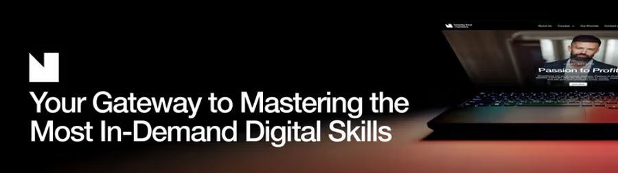 White text "Your Gateway to Mastering the Most In-Demand Digital Skills" next to a laptop displaying a website with a man and "Passion to Profit."