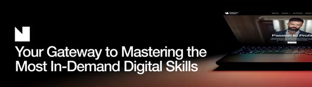 White text "Your Gateway to Mastering the Most In-Demand Digital Skills" next to a laptop displaying a website with a man and "Passion to Profit."