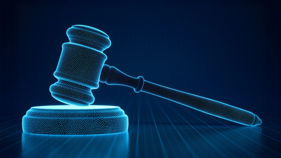 Glowing blue particle-effect gavel and sounding block.