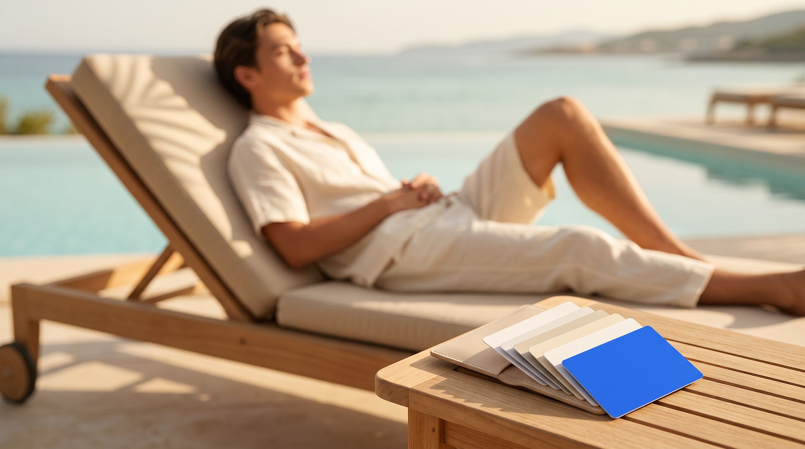 Man relaxing on a poolside lounge chair with the ocean in the background and color samples on a table.