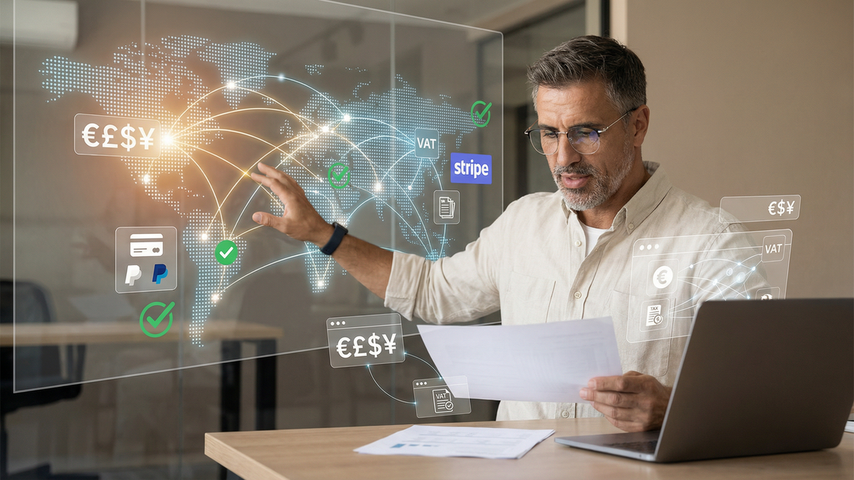 A man reviews documents while interacting with a holographic display of a world map and global financial transaction icons.