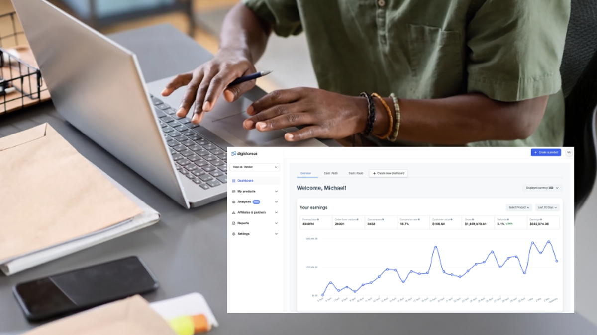 A person types on a laptop with an overlaid screenshot of a digital earnings dashboard showing a fluctuating line graph.