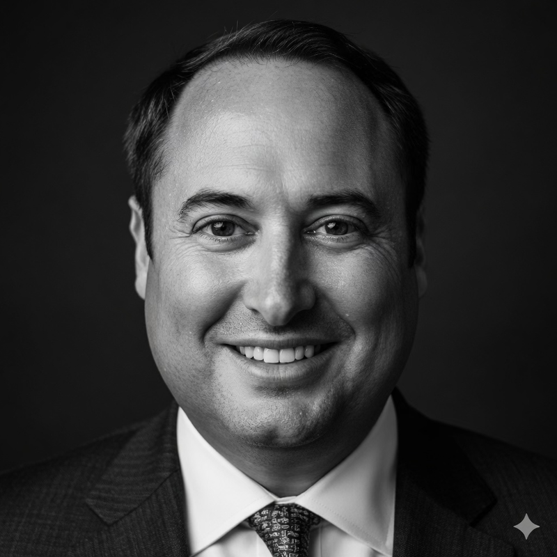 Black and white headshot of a smiling man in a suit and tie.