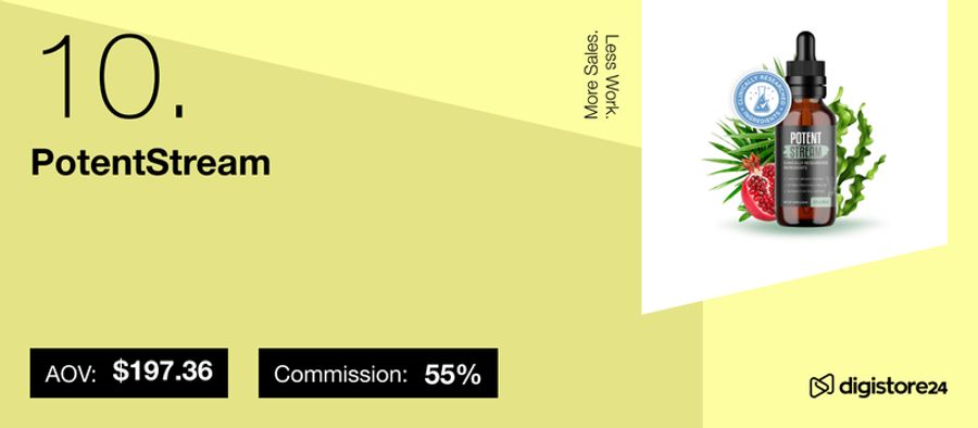 10. PotentStream liquid supplement in a dropper bottle, with AOV $197.36 and 55% commission.