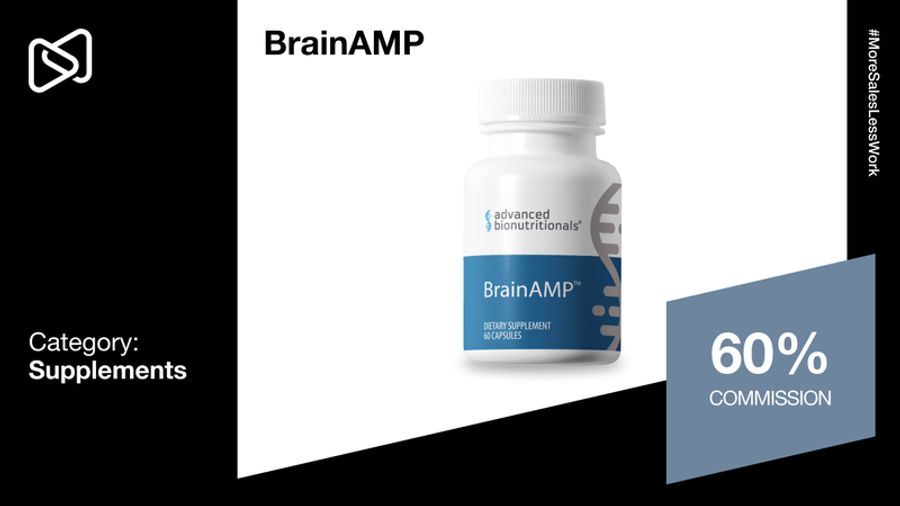 BrainAMP supplement bottle with text indicating 'Category: Supplements' and '60% COMMISSION'.