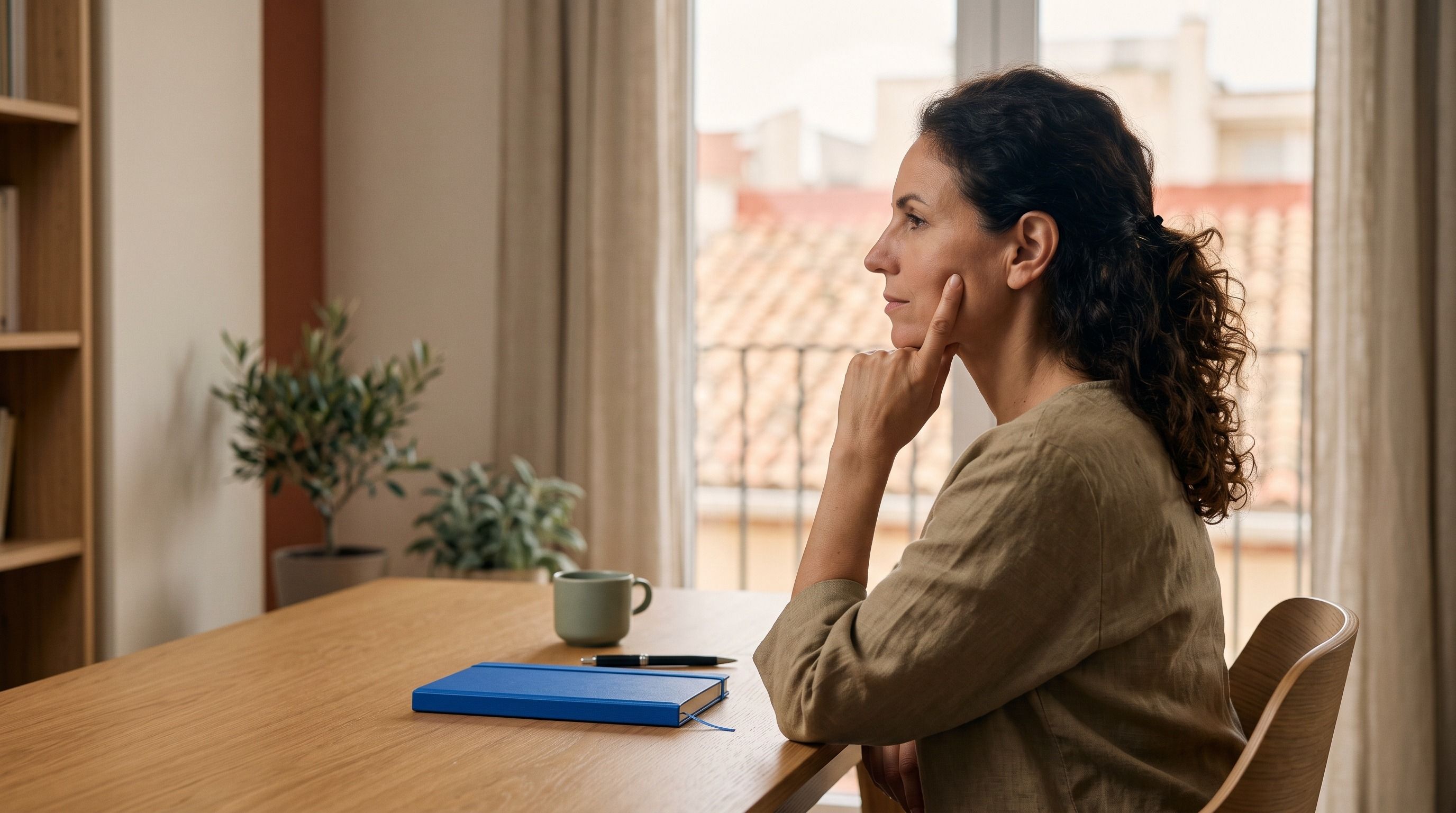 A woman sits thoughtfully at a desk, looking out a window.