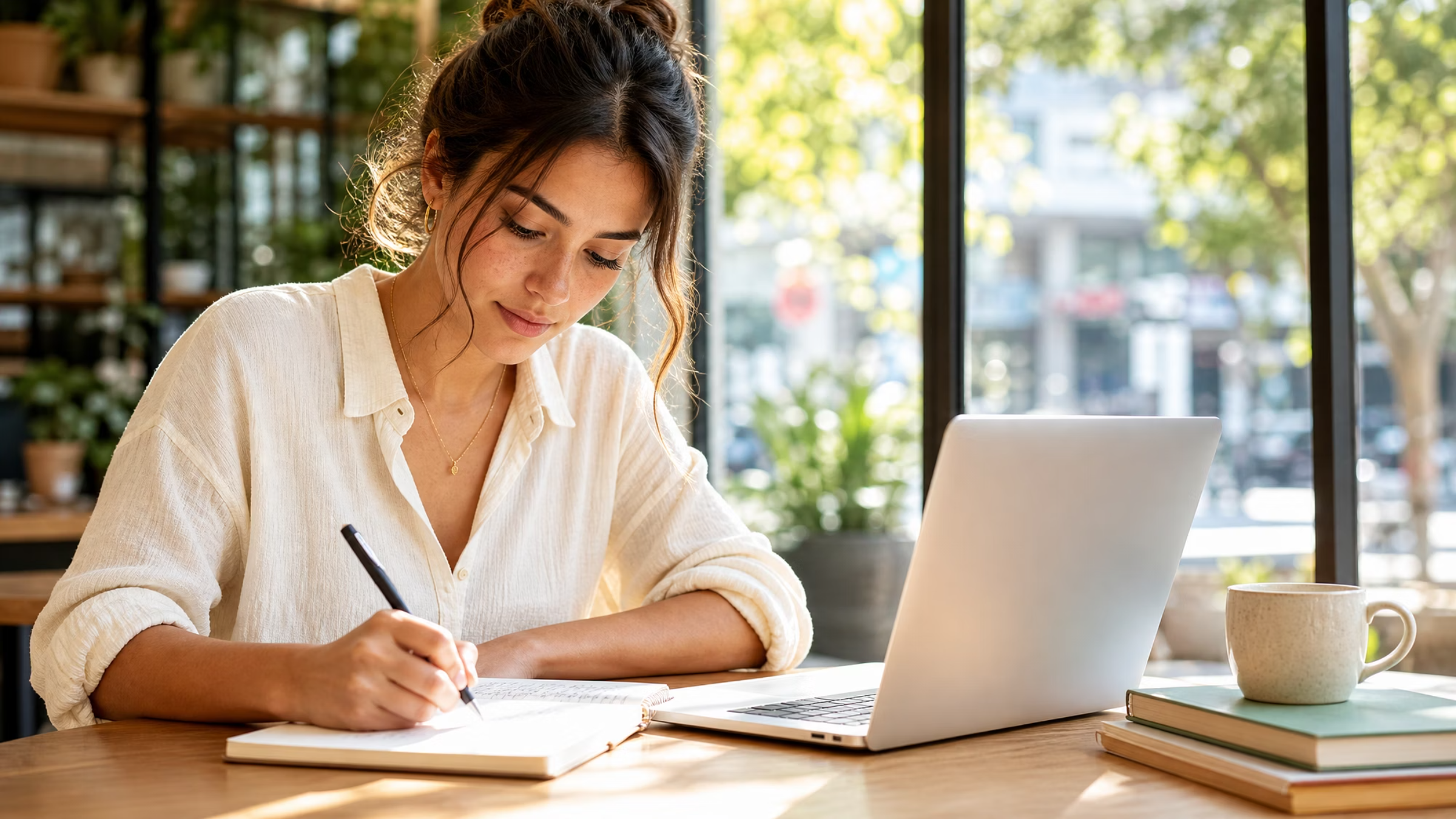 A young woman writes in a notebook at a desk with a laptop, mug, and books, beside a window overlooking greenery.