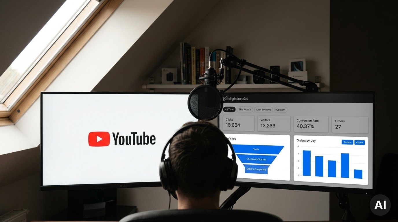 A person with headphones views a monitor showing the YouTube logo and a Digistore24 analytics dashboard with sales data, with a microphone nearby.