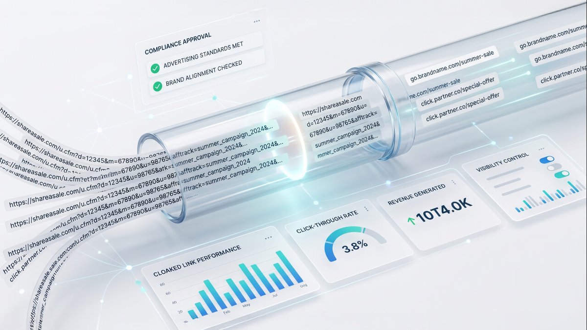 Complex URLs flow into a clear tube and exit as clean, branded links, surrounded by data dashboards for compliance, performance, revenue, and click-through rates.