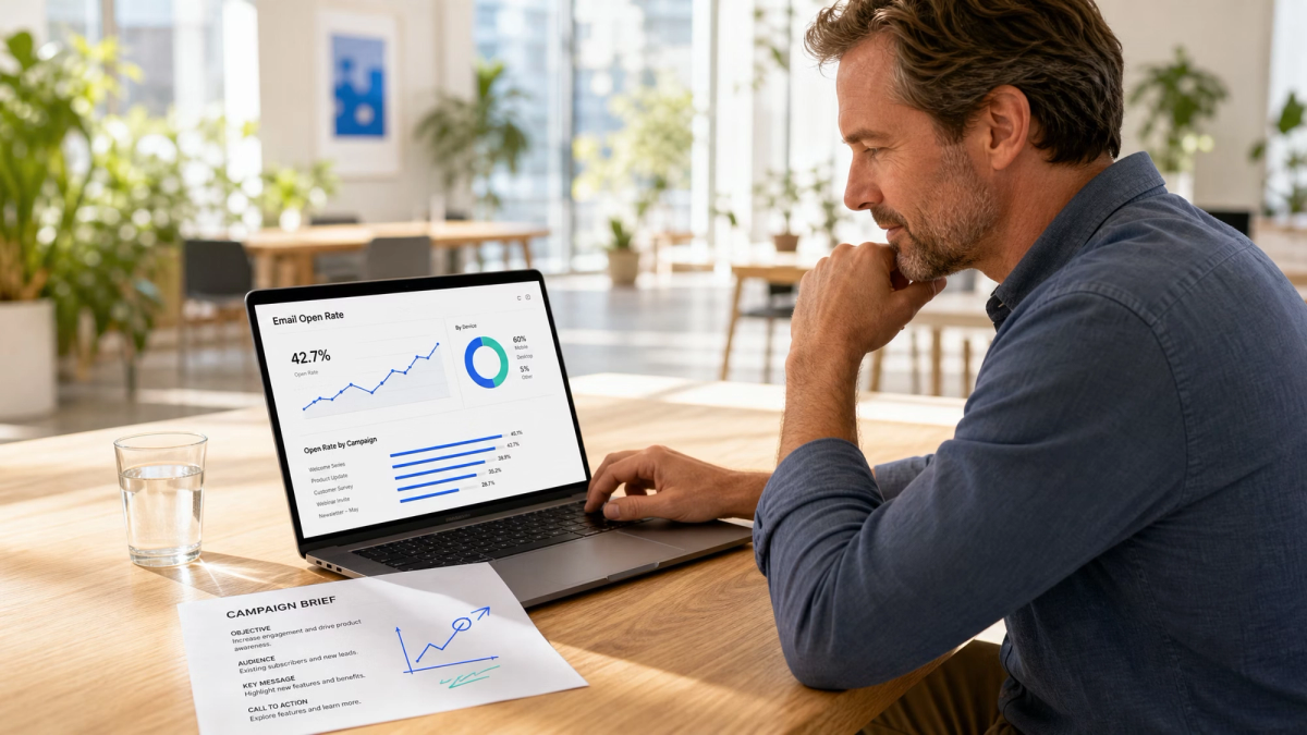 Man analyzing charts and data on a laptop in an office.