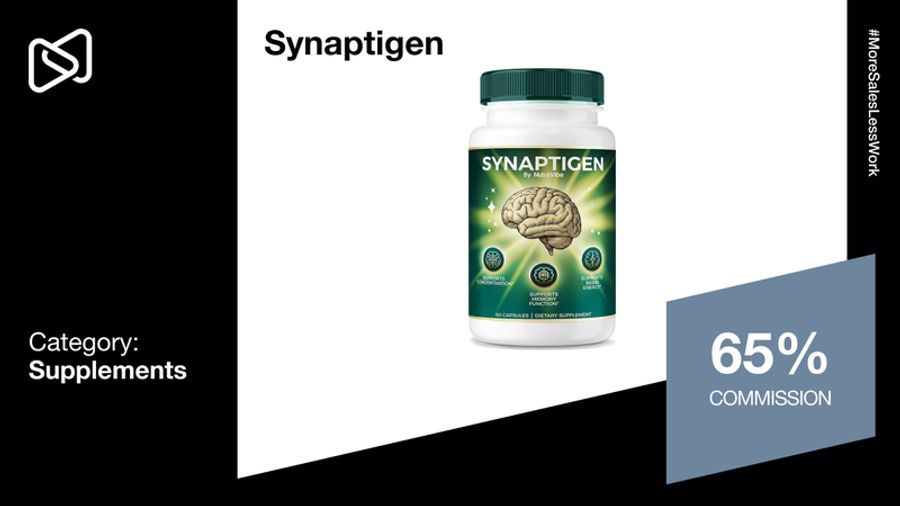 A Synaptigen supplement bottle with a brain illustration, categorized as "Supplements" and offering "65% Commission."