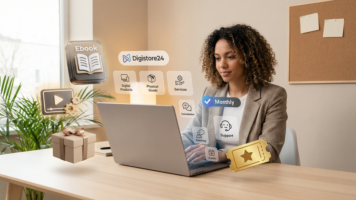 A woman works on a laptop, surrounded by floating icons representing Digistore24's digital products and services.