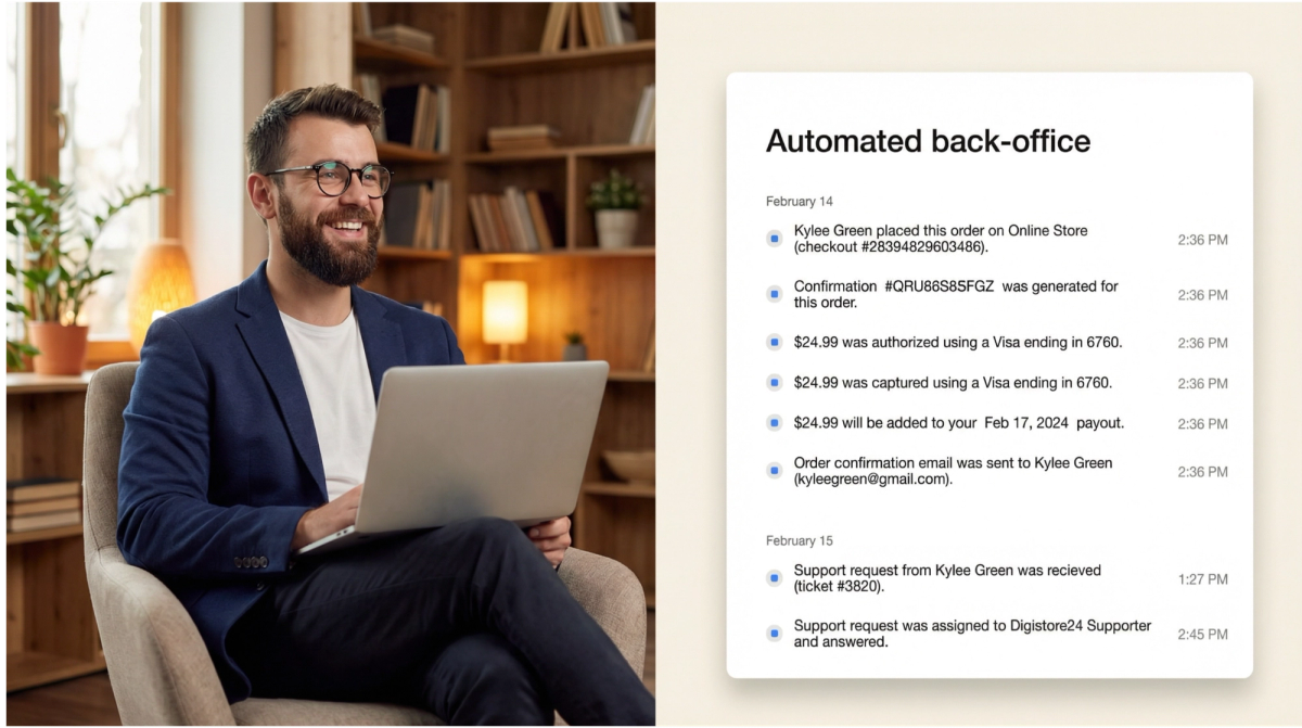 A smiling man with a laptop sits next to a screen displaying an automated back-office log of online orders and customer support events.