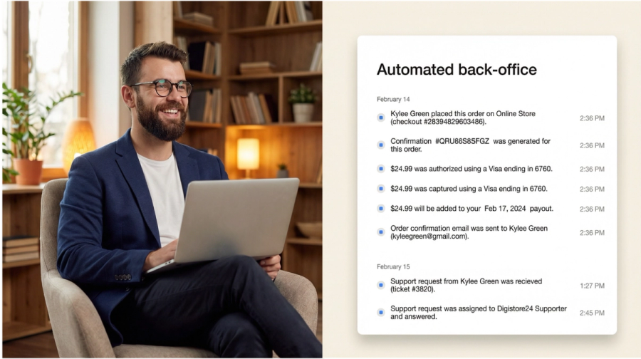 A smiling man with a laptop sits next to a screen displaying an automated back-office log of online orders and customer support events.