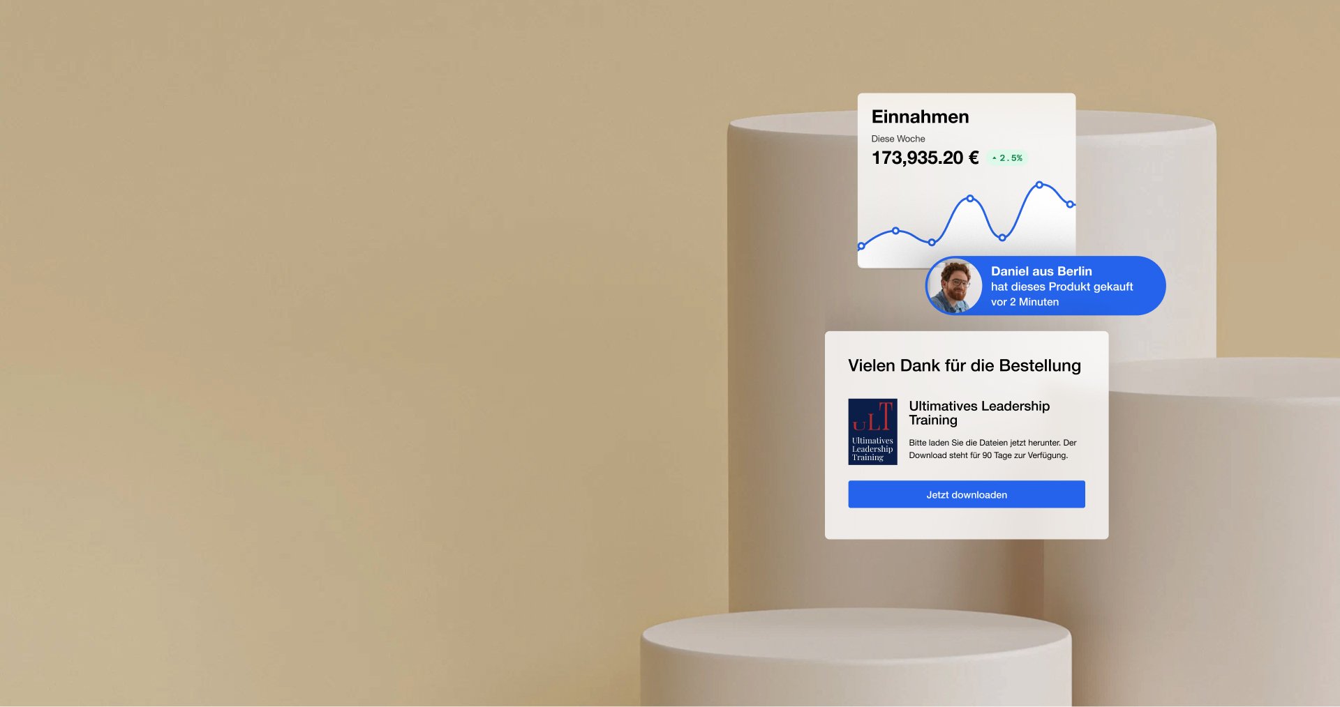 Modern digital dashboard displaying sales revenue, a live purchase alert, and an order confirmation for leadership training.