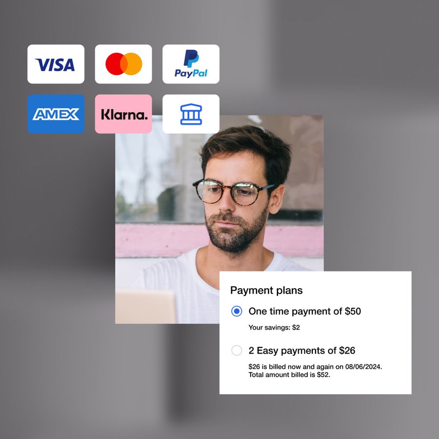 An interface displaying logos for multiple payment methods (Visa, Mastercard, PayPal, AMEX, Klarna, bank) and payment plan choices, with a man using a laptop.