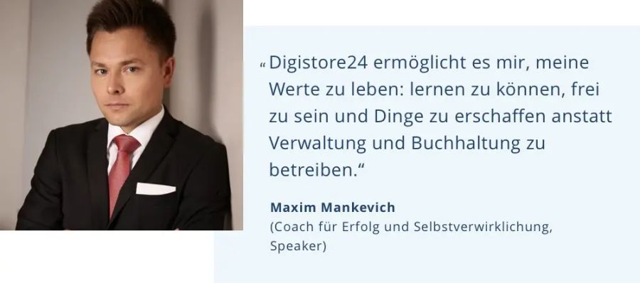 Maxim Mankevich in a suit, beside his German quote about Digistore24 enabling him to learn, be free, and create.