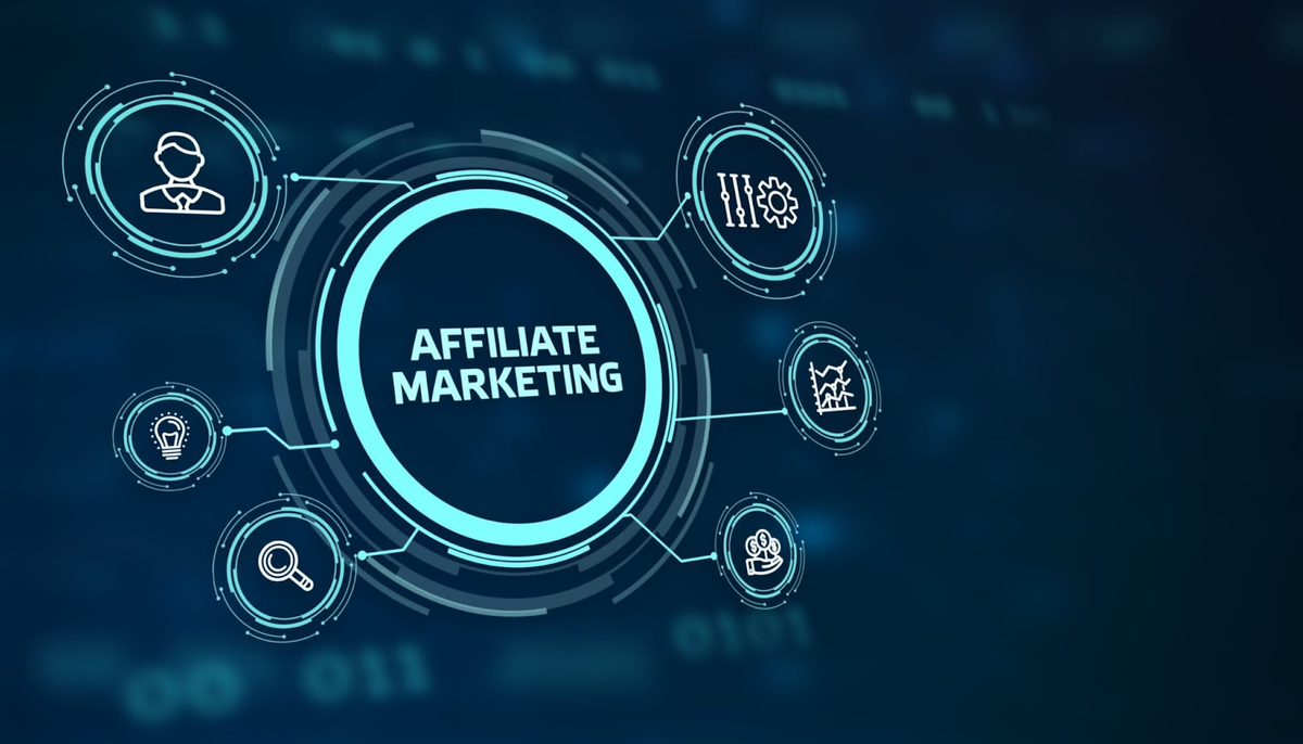 Digital graphic featuring "AFFILIATE MARKETING" surrounded by icons for users, ideas, search, process, analytics, and collaboration.