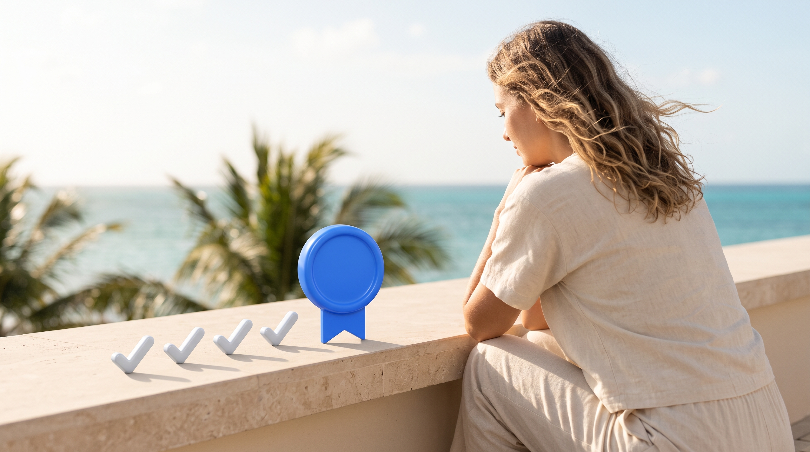 Woman overlooking a tropical ocean from a balcony with four checkmarks and a blue medal icon on the ledge.