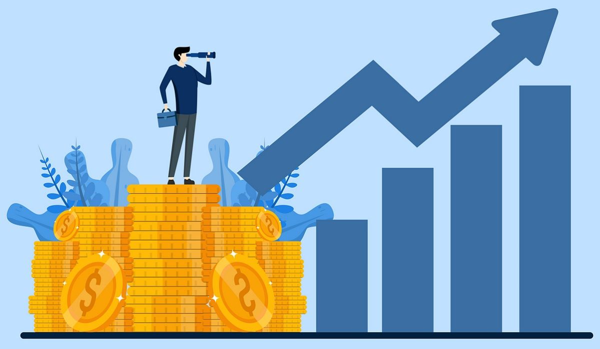 A man on coin stacks uses a telescope, observing an upward-trending bar chart and arrow.