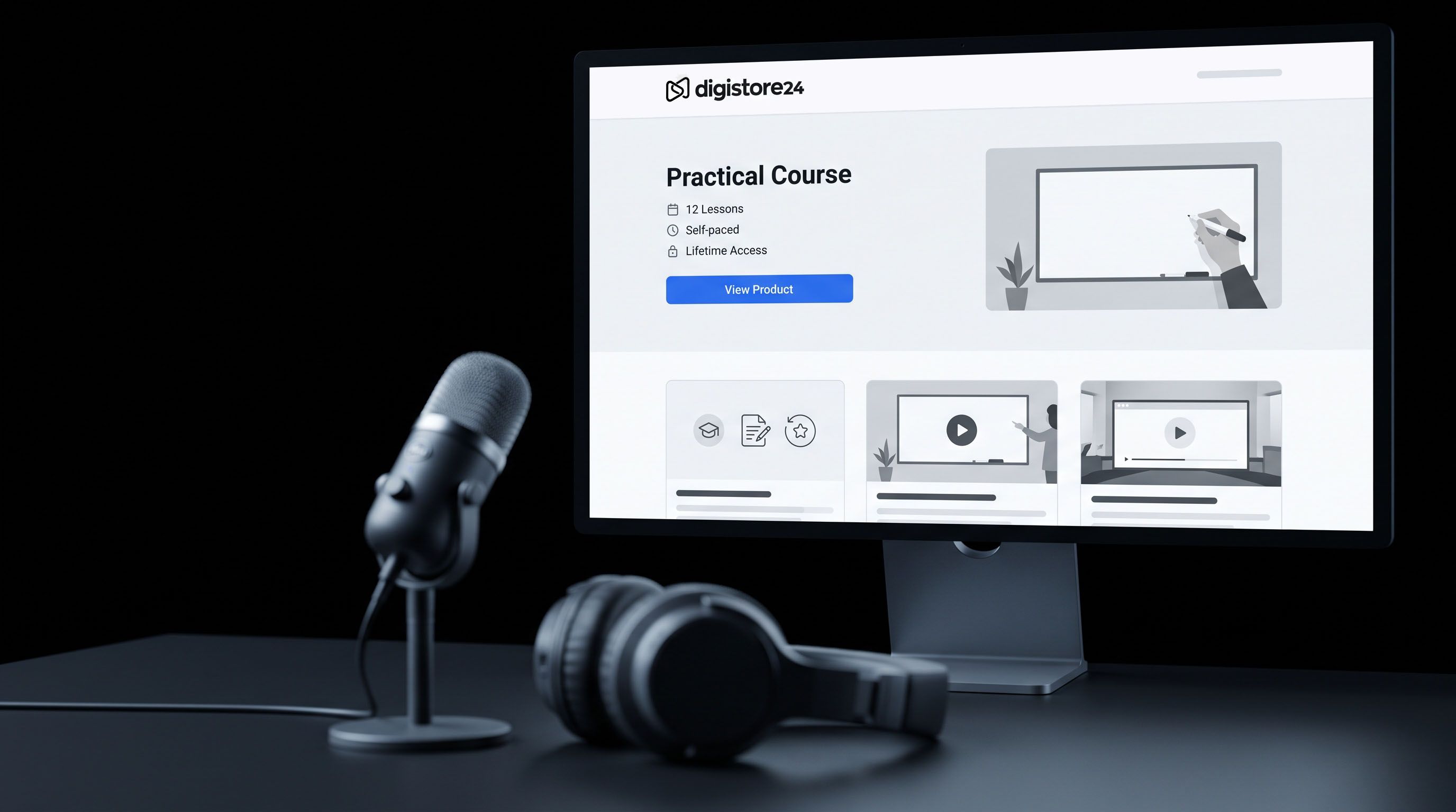 A microphone and headphones on a desk next to a monitor displaying a "Practical Course" on the Digistore24 website.