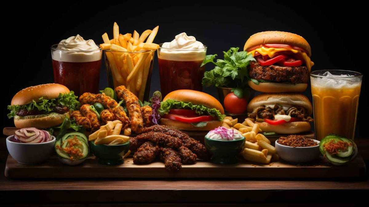 A large spread of fast food items including burgers, fries, fried chicken, and drinks.