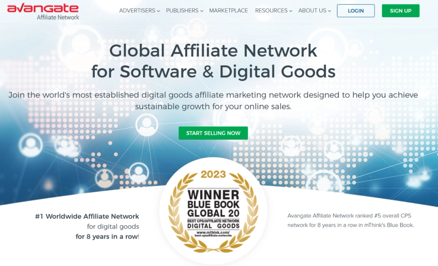 Avangate Affiliate Network website displaying "Global Affiliate Network for Software & Digital Goods" and a 2023 "Blue Book Global 20" award.