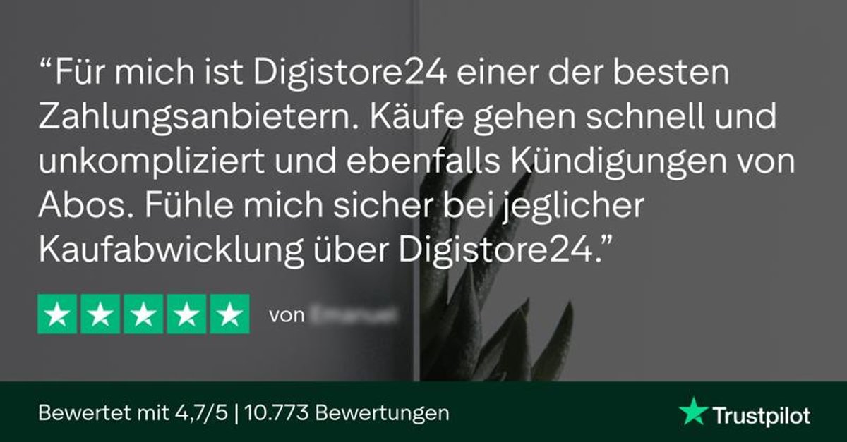 Trustpilot review in German for Digistore24, rating it 4.7/5 from 10,773 reviews, praising fast and secure transactions.
