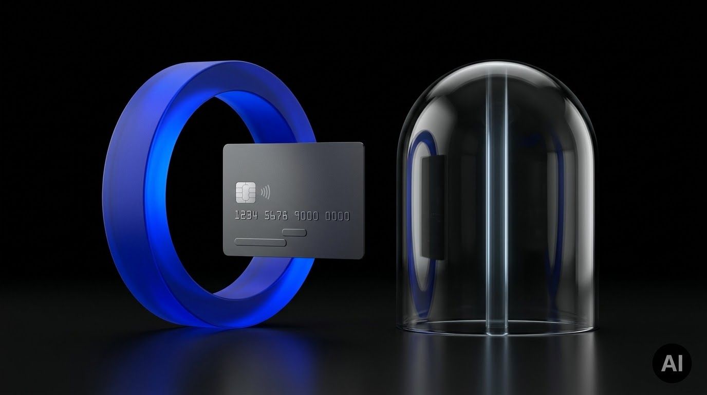 A grey credit card is inserted into a glowing blue ring, with another blue ring protected by a glass dome.
