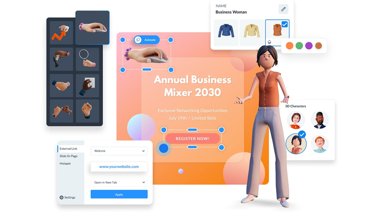 A visual design interface for an "Annual Business Mixer 2030" event, featuring 3D character and hand gesture customization, alongside link and hotspot settings.