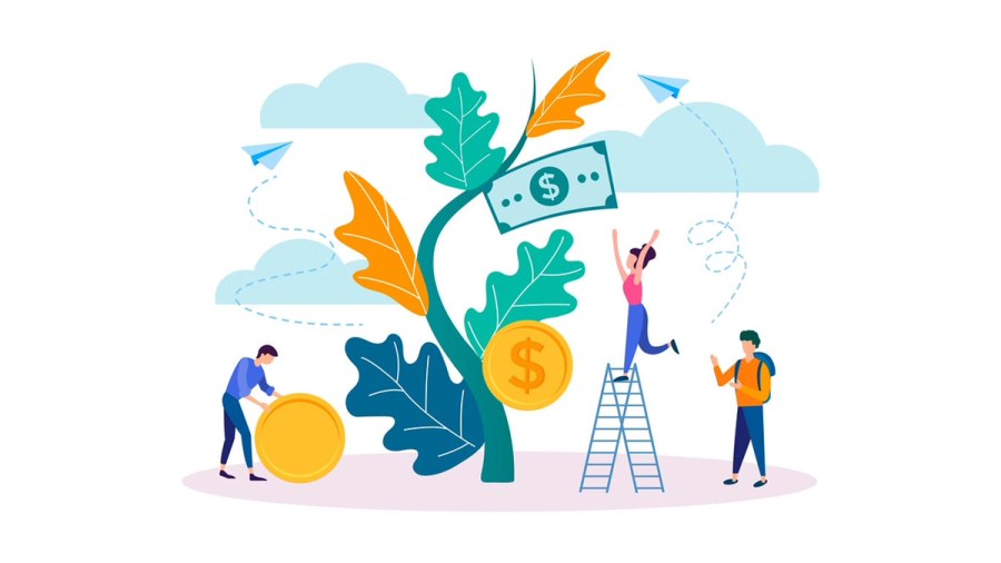 Illustration of people investing in and harvesting money from a money tree.