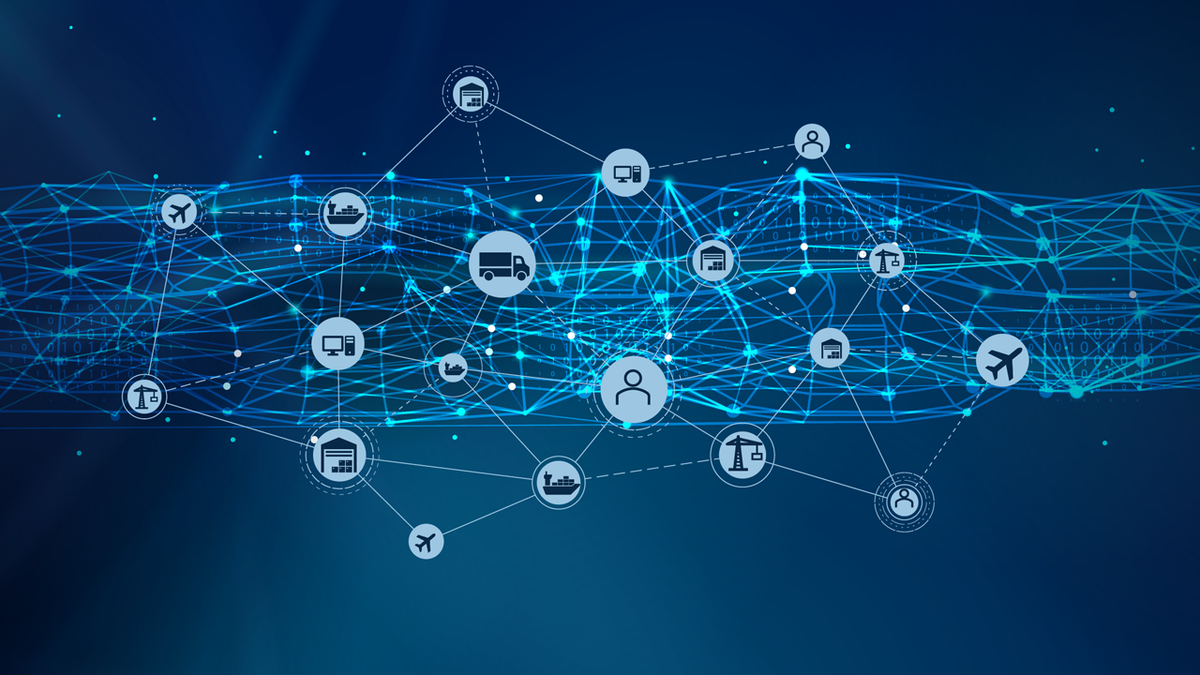 A blue digital network connecting icons for logistics, transportation, and business concepts.