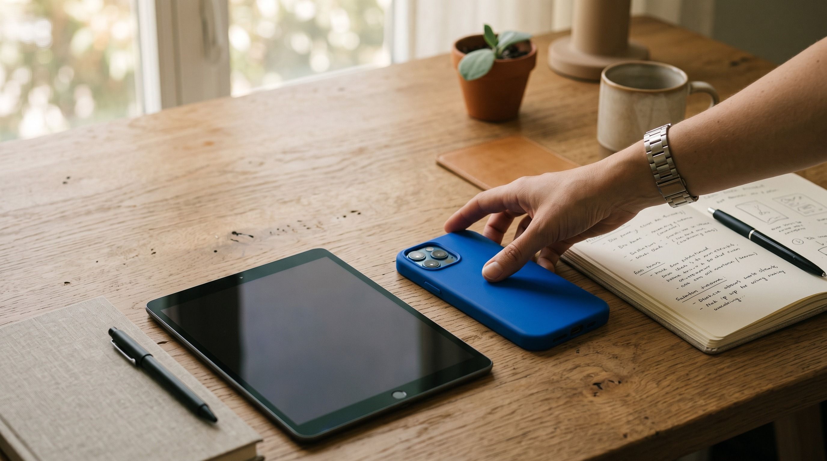 A hand reaches for a blue smartphone on a wooden desk with a tablet, notebook, and pen.