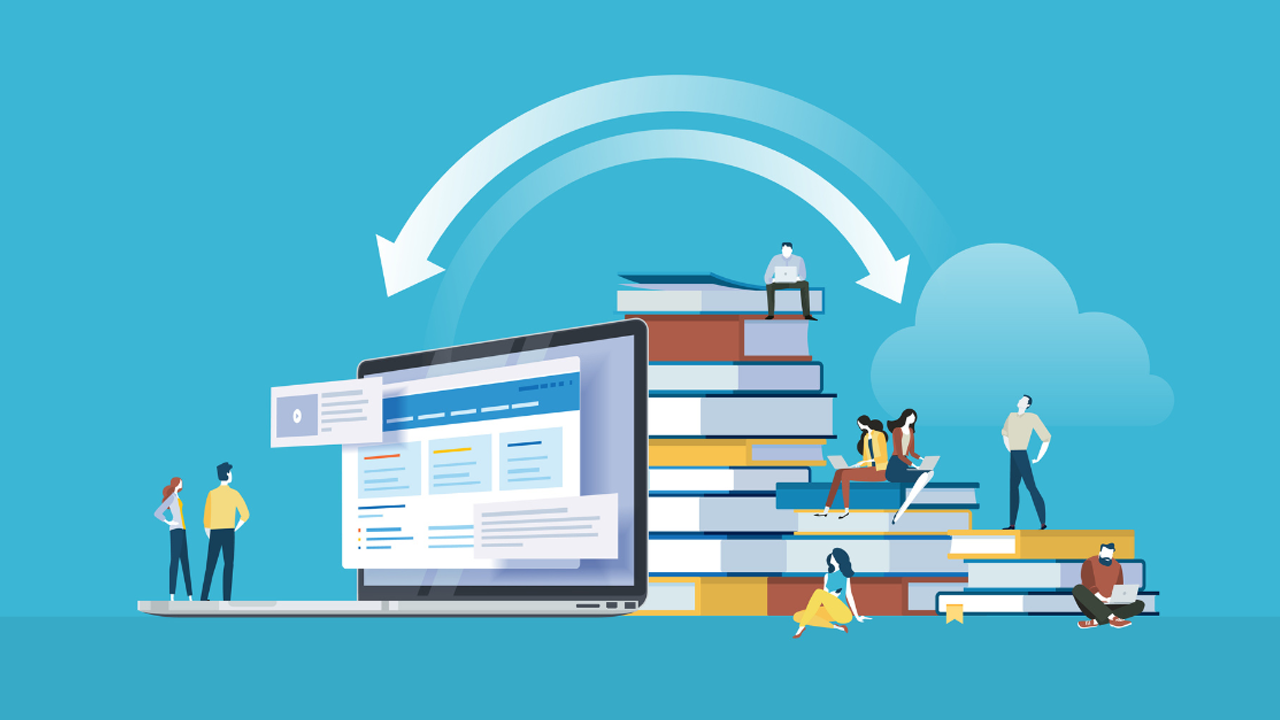 An illustration of online and traditional learning with people, laptops, books, and a cloud connection.