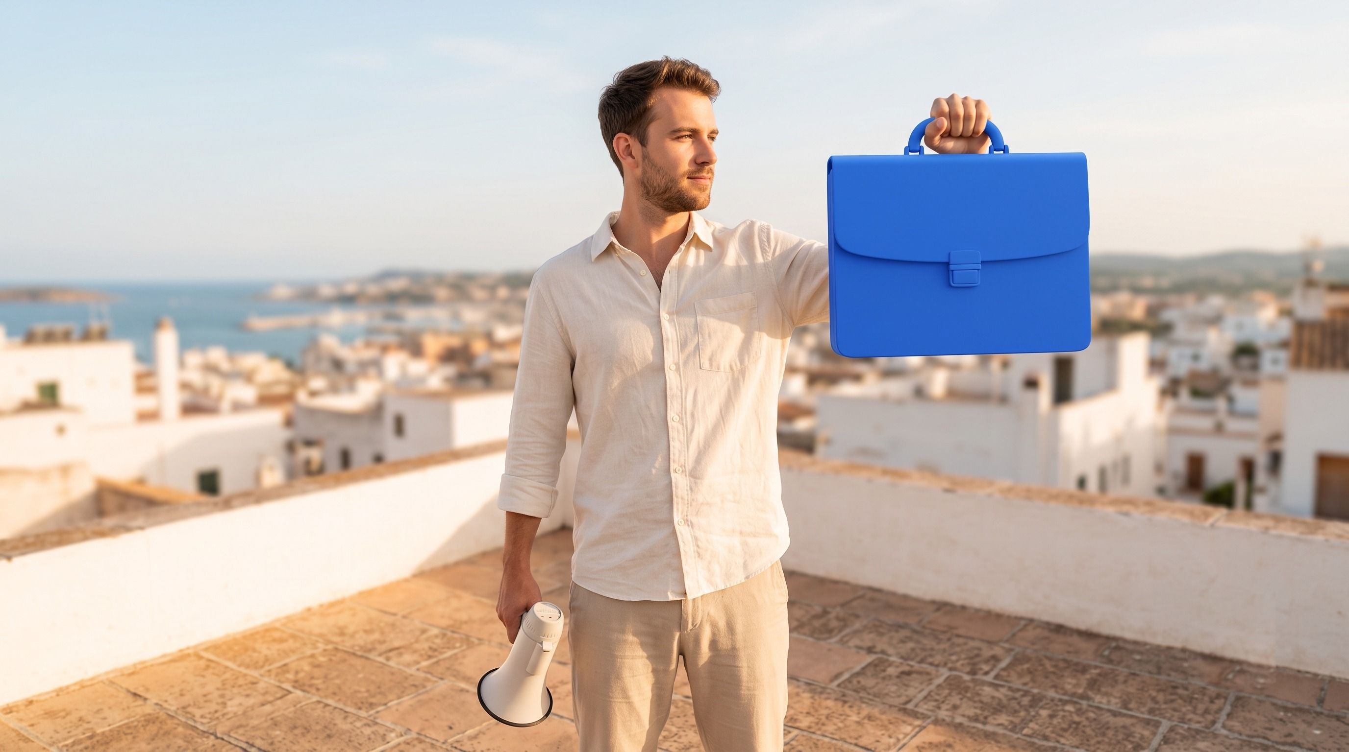 Man on a rooftop holding a megaphone and a blue briefcase, overlooking a town.