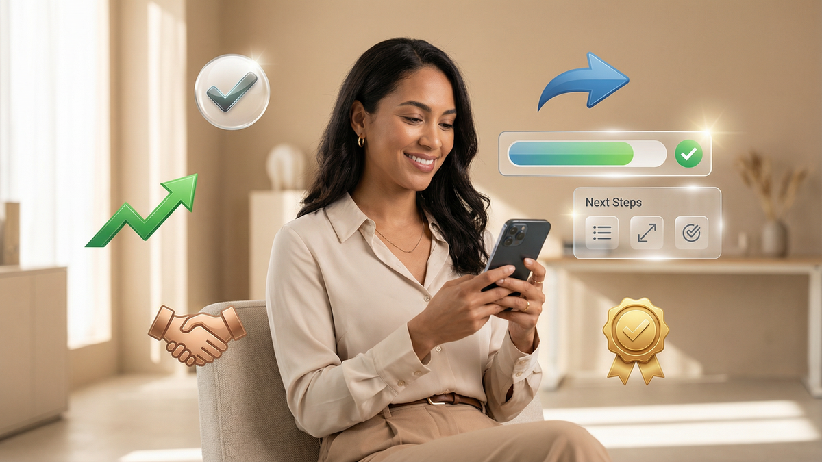 A smiling woman uses her phone, surrounded by graphics like an upward arrow, handshake, progress bar, and checkmarks, symbolizing digital growth and achievement.