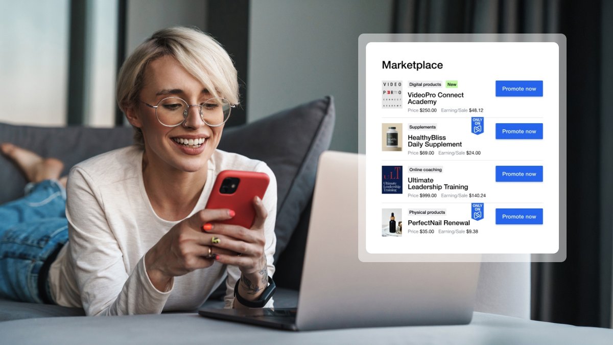 Smiling woman on a couch using her phone, with a digital marketplace interface displaying products floating above a laptop.
