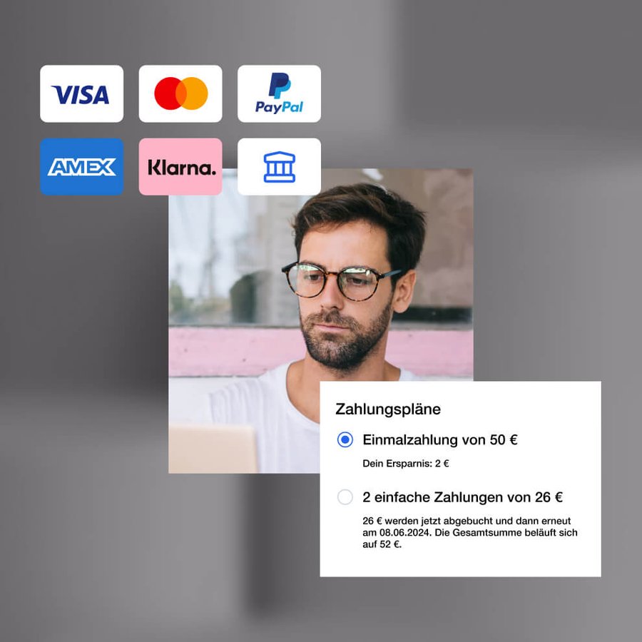 An interface displaying logos for multiple payment methods (Visa, Mastercard, PayPal, AMEX, Klarna, bank) and payment plan choices, with a man using a laptop.