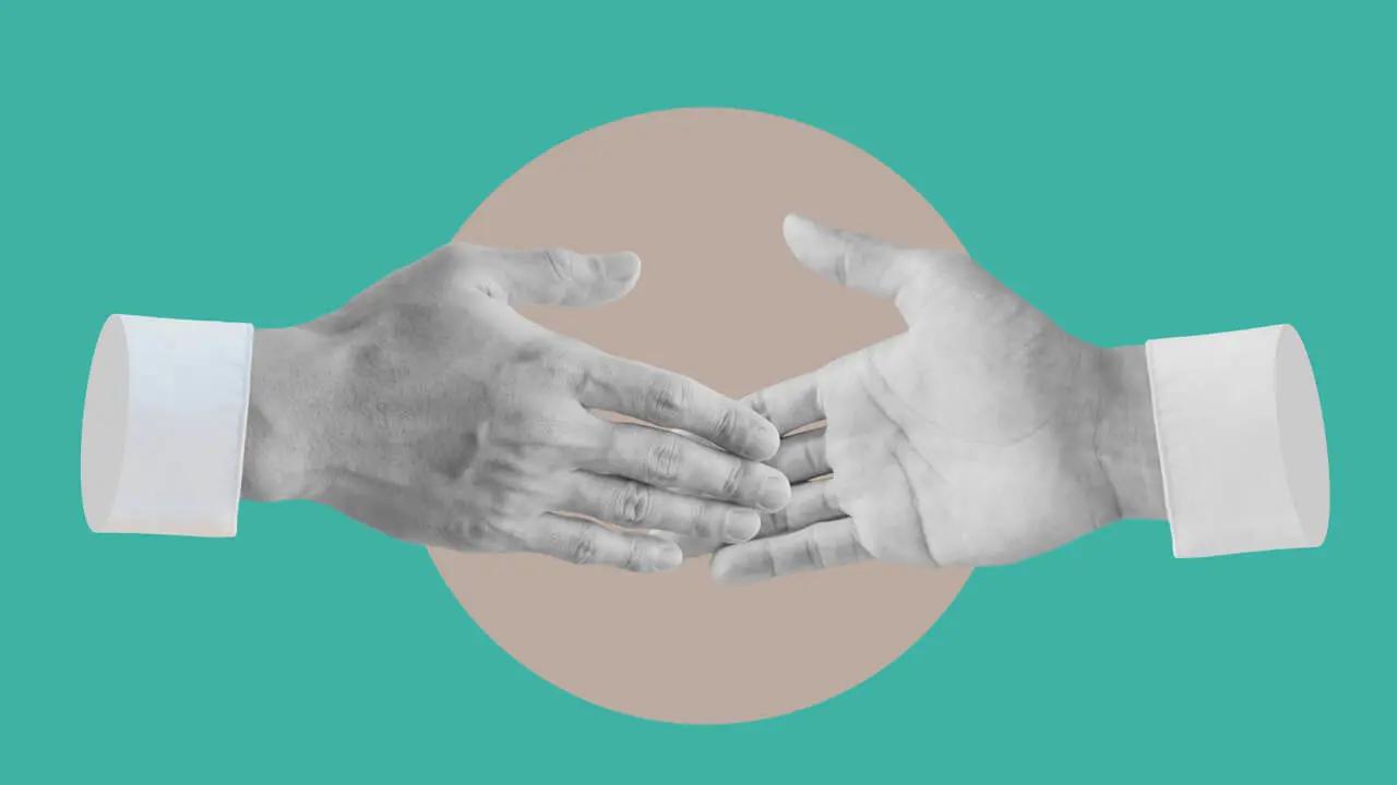 Two grayscale hands with white cuffs reaching for a handshake on a teal background with a brown circle.
