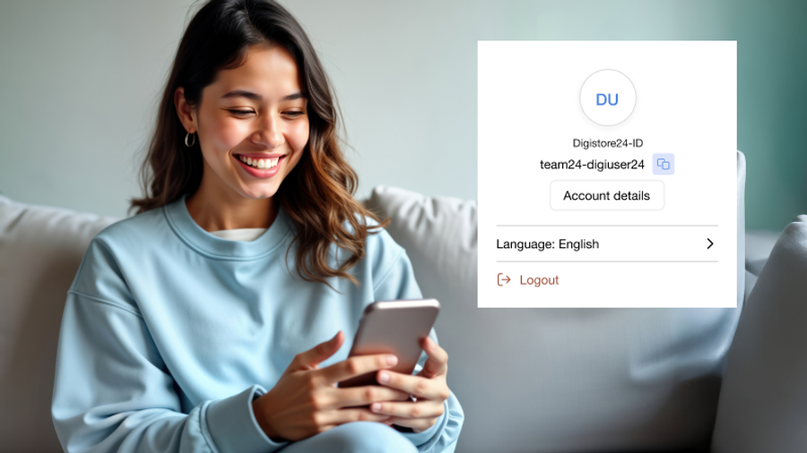 A smiling woman looks at her phone, partially obscured by a Digistore24-ID account menu overlay.