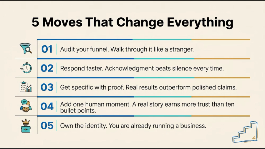 Infographic titled "5 Moves That Change Everything" presenting five actionable business tips.