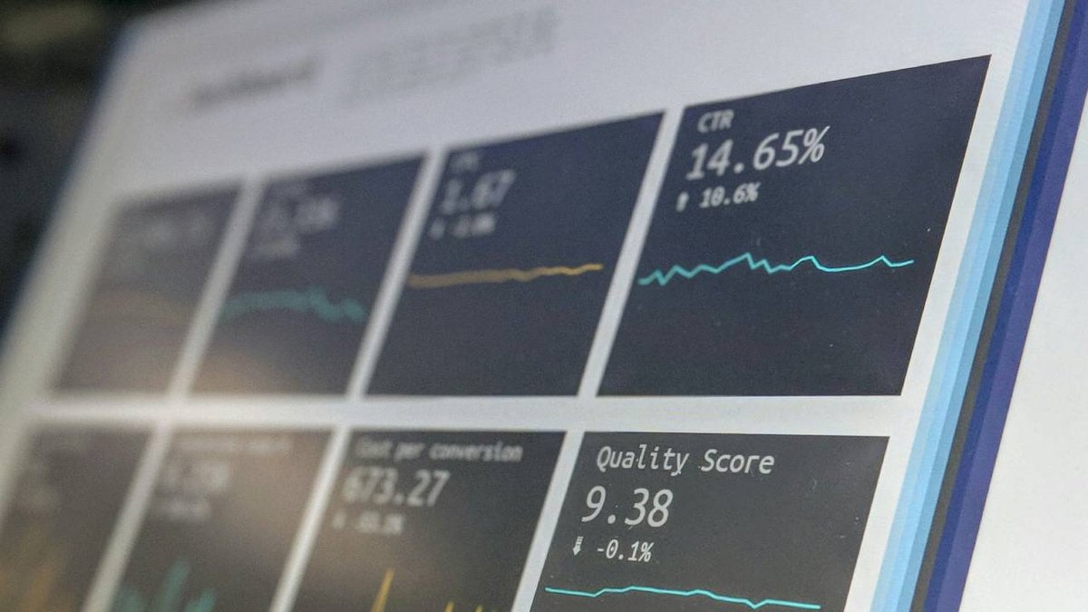 A digital analytics dashboard displaying metrics like CTR, Quality Score, and cost per conversion with small line graphs.